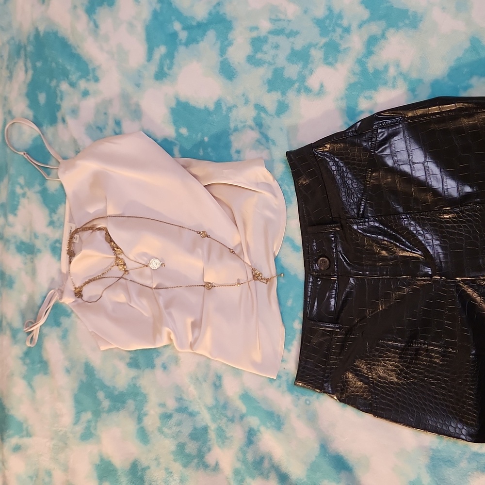 Stylish Outfit Fuax Leather Pants Sz 8 +Silky camisole+Gold-tone Necklace